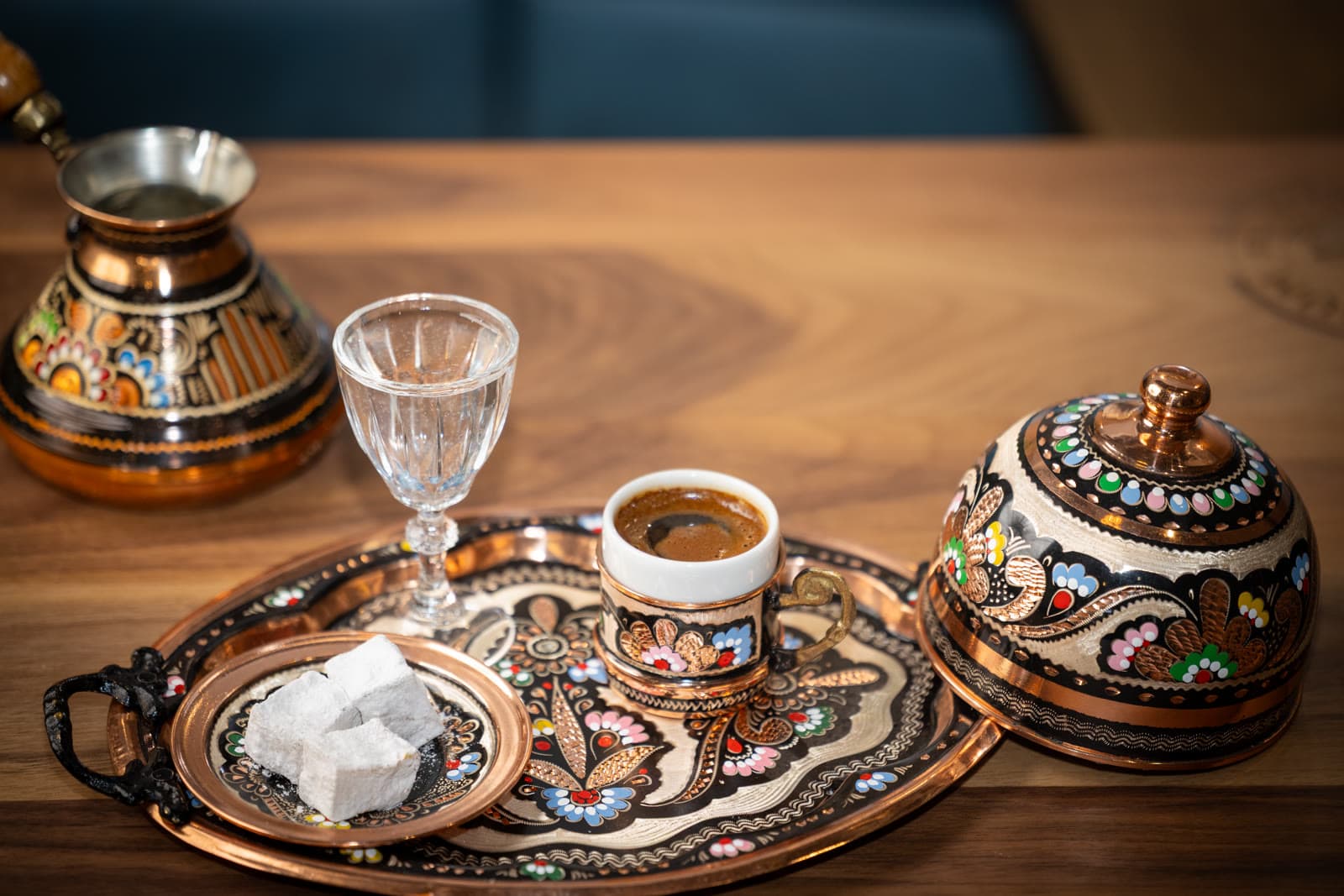 Copper Turkish coffee set with hand-painted sugar box